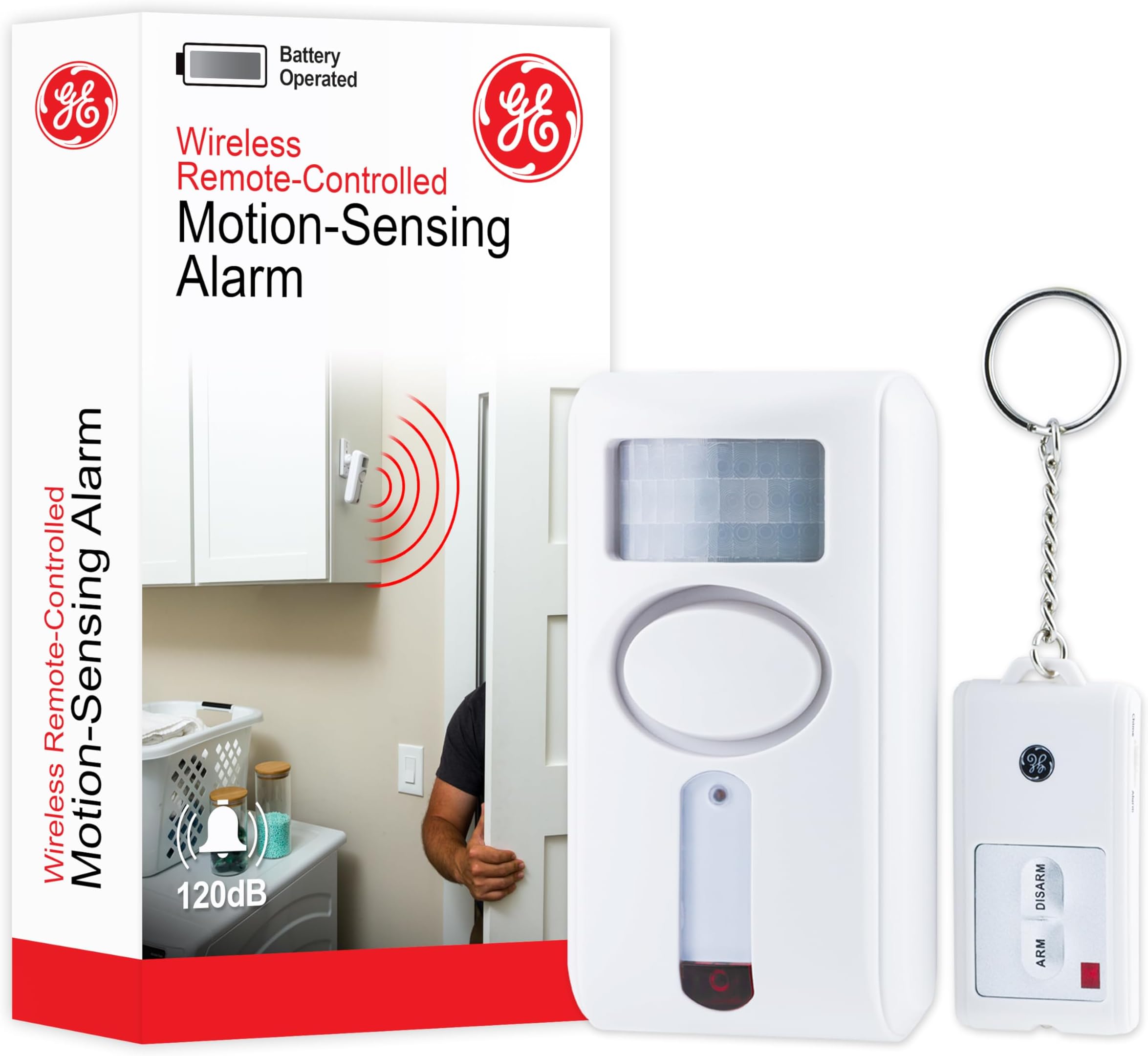 GEPersonal Security Motion Sensing Alarm with Keychain Remote, 120dB Siren, Easy to Use, Easy to Install, No Wiring, Home Protection, 51207, Medium, White