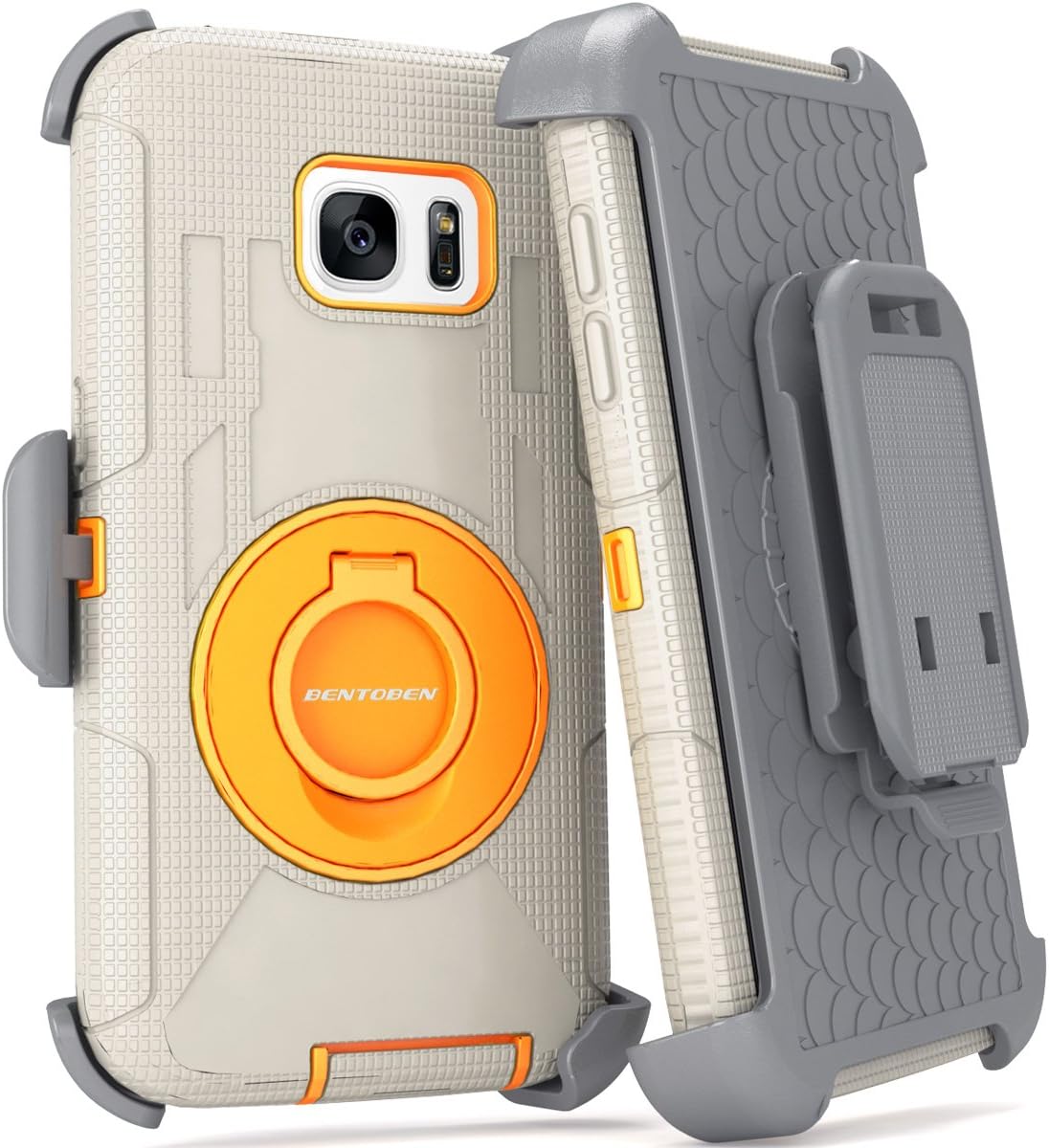 Galaxy S7 Case, S7 Case, BENTOBEN 4 in 1 Hybrid Shockproof Heavy Duty Rugged Full Body Protective Cover Built-in Rotating Kickstand Swivel Belt Clip Holster Case for Samsung Galaxy S7, Grey & Orange