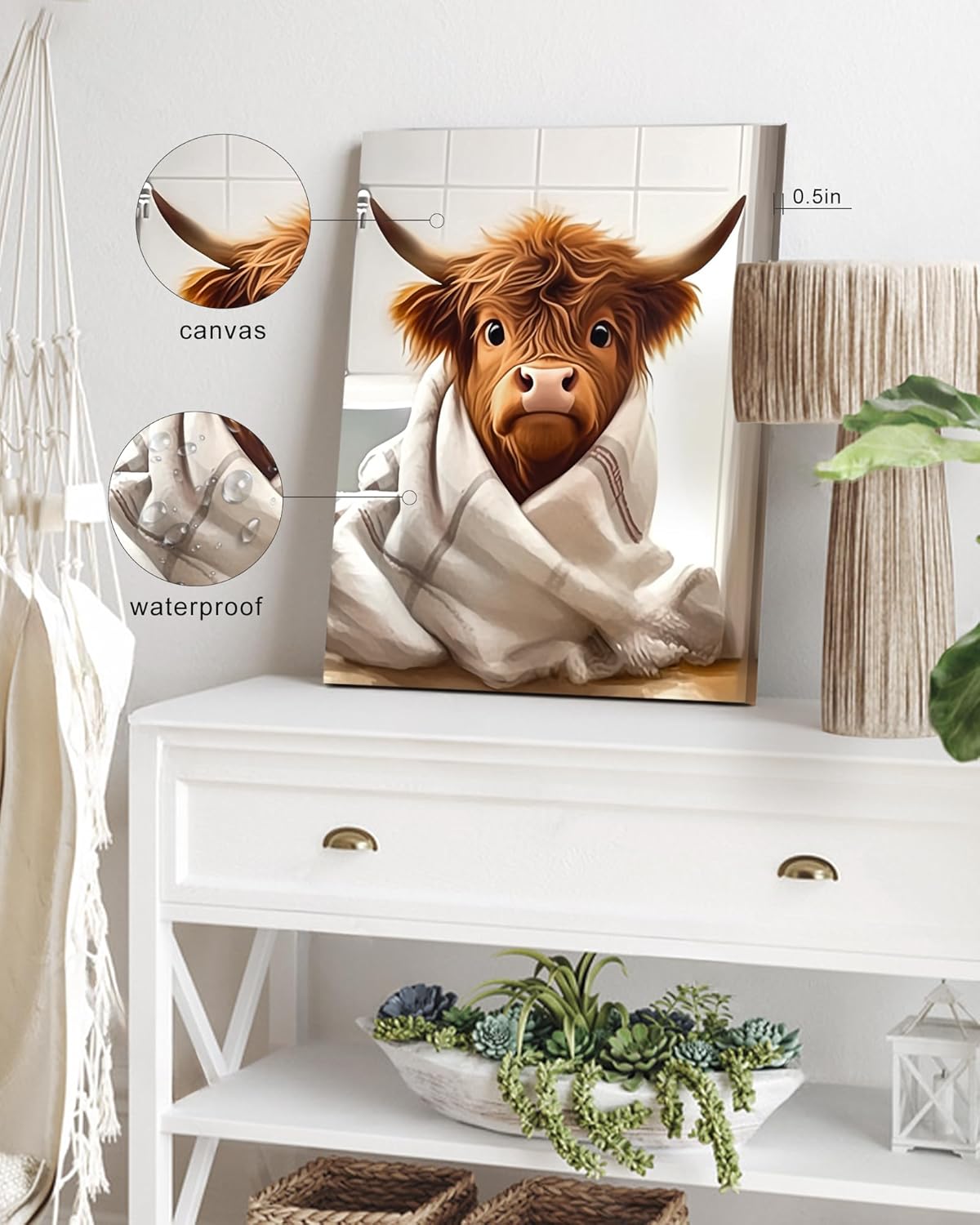 Drsoum Cute Highland Cow Bathroom Framed Wall Art Funny Animal Rustic Canvas Prints for Bathroom Restroom Decor 12x16in (Framed)