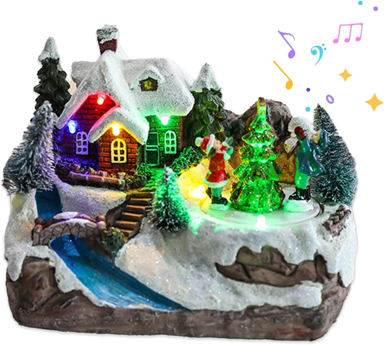 Christmas Winter Snow Town House Statue with Colorful Light, 5.3 Inch Xmas Village Yard Tabletop Ornaments, Mini Display Resins Craft Figurine for Holiday Indoor Decor (Christmas