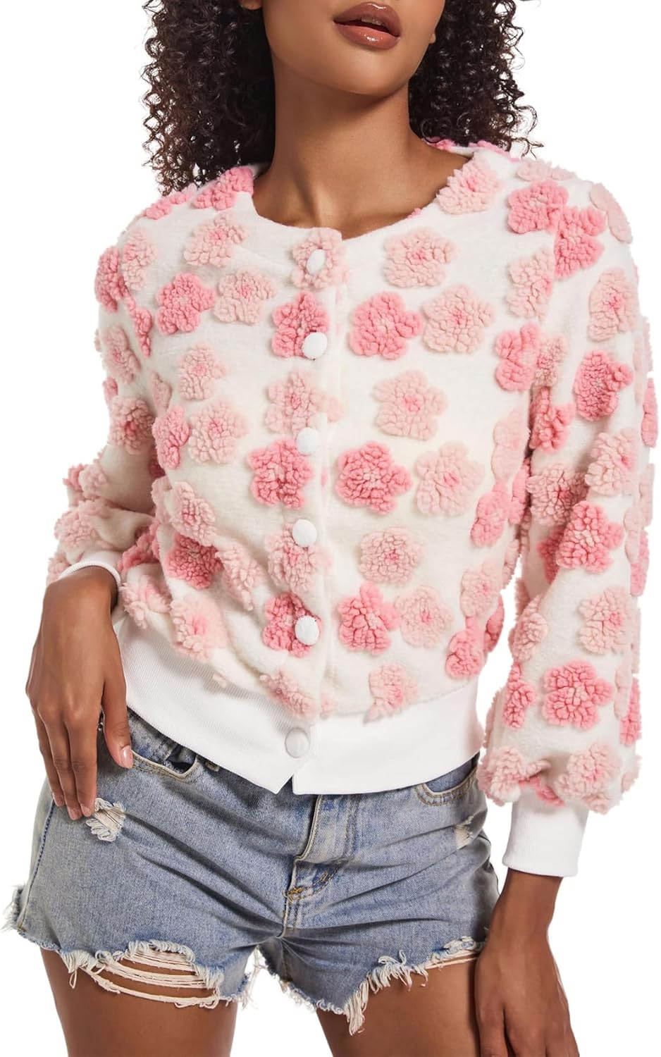 Yimoon Womens Cropped Floral Print Jacket Puff Sleeve Fleece Bomber Jacket Button Down Fall Winter Warm Outerwear