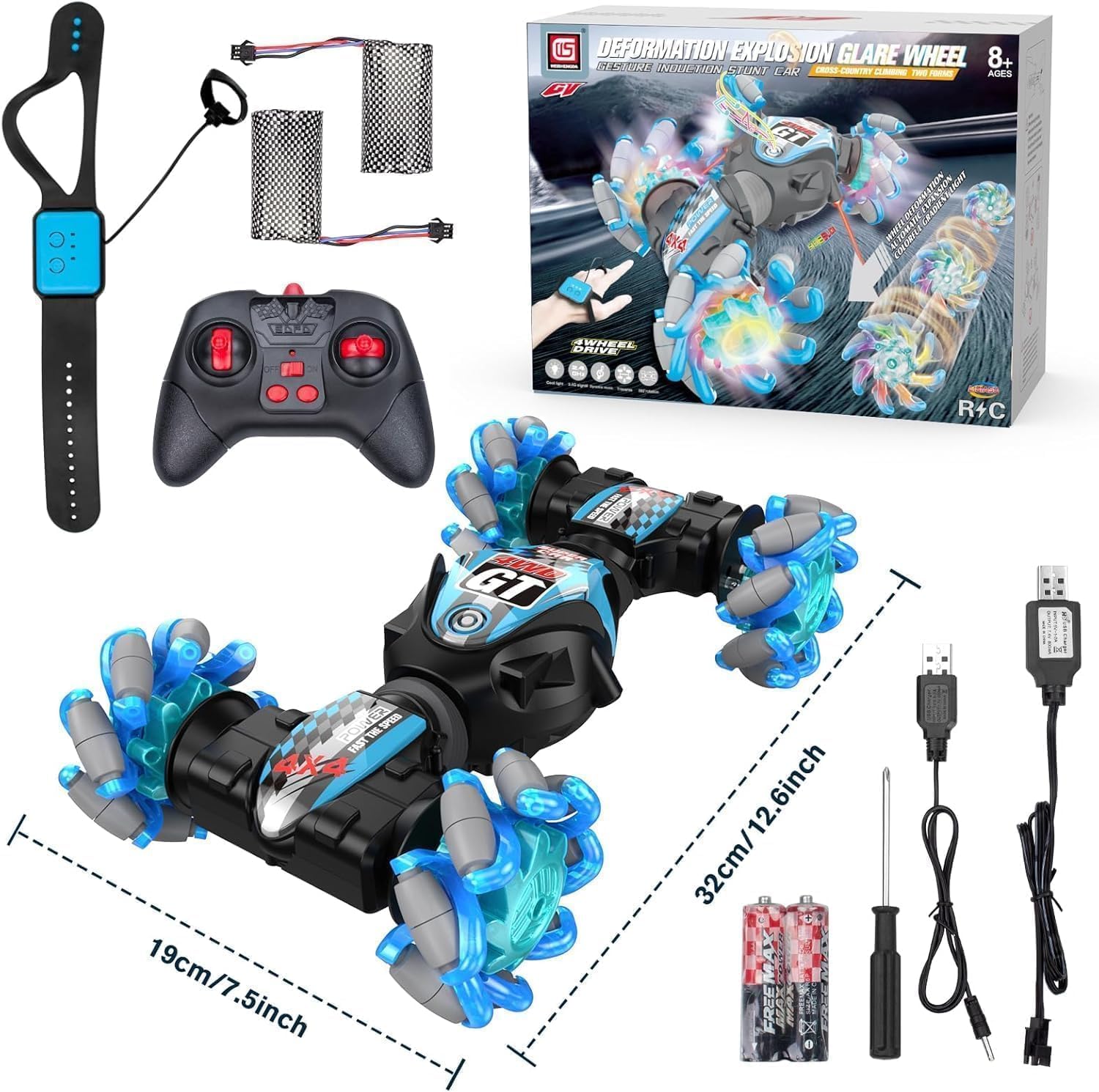 1:12 gesture sensing rc stunt car, 2-in-1 hand controlled remote control twist cars with light & music, 4wd 360° rotate transform drift, gifts for 6-8-12 kids age 6 7 8 9 10 11 12 yrs old?(blue)