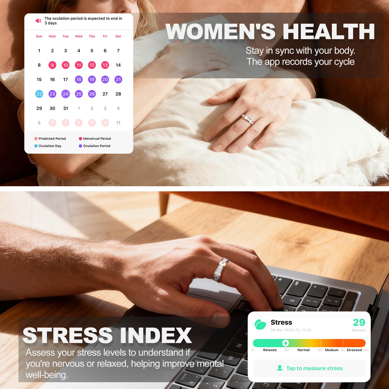 Bague intelligente pour homme et femme – Bague de suivi de santé étanche IP68 avec fréquence cardiaque, comptage de pas, surveillance du sommeil, sans frais d'abonnement pour iPhone/Android