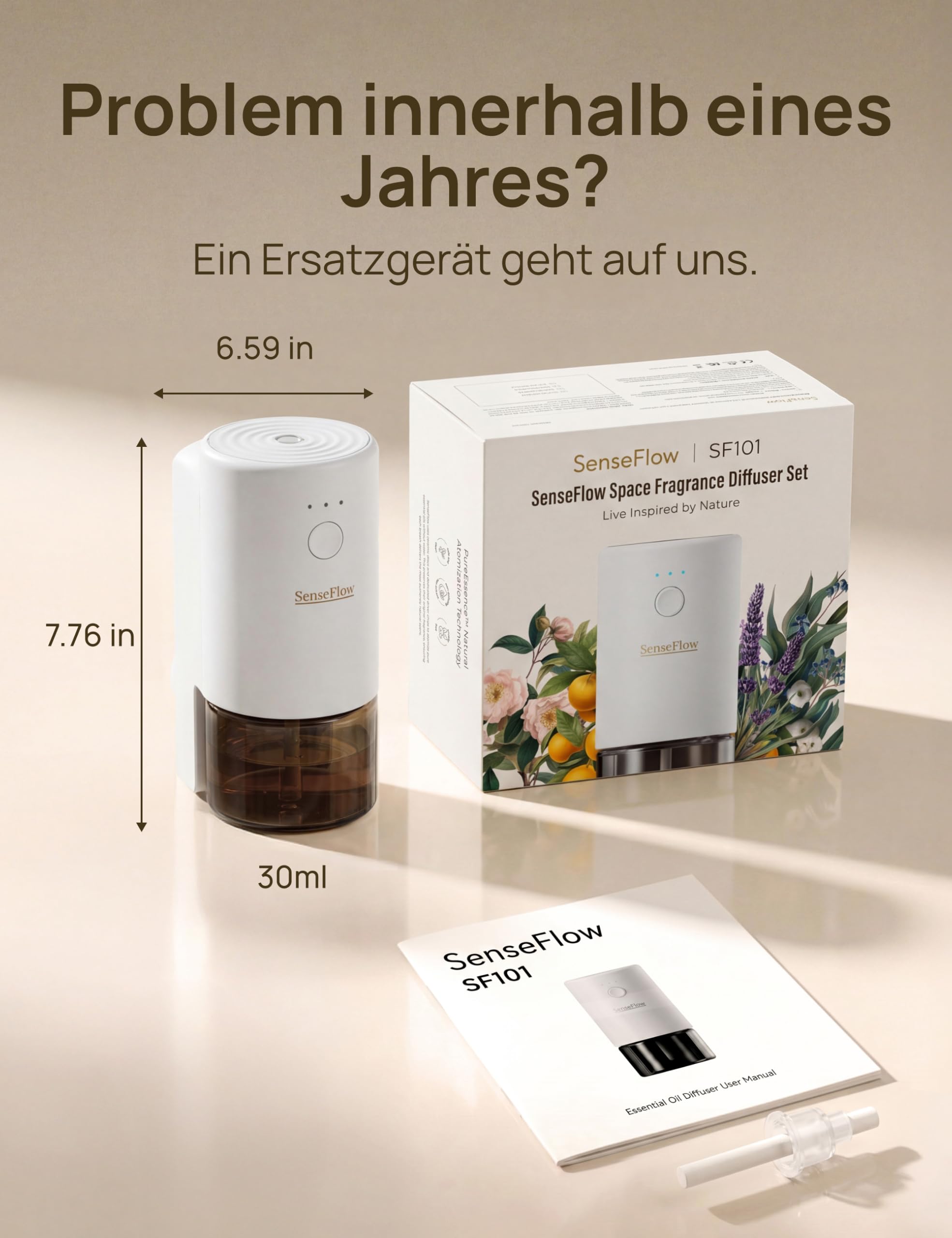 Aroma Diffuser für Ätherische Öle SF101, Wasserloser Ultraschall Duftstecker Raumduft, 100% pflanzlich Lufterfrischer, 30ml, 120-Tage Aroma für Zuhause bis zu 100 m² - Pfefferminze