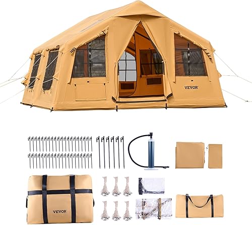 Miniatura 10 de VEVOR Inflatable Tents for Camping, Easy Setup Blow up Tent with Hand Pump, 4 Season Glamping Tent with Stove Jack, Doors & Mesh Windows, Storage