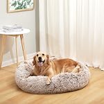Bedfolks Calming Donut Dog Bed, 36 Inches Round Fluffy for Large Dogs, Anti-Anxiety Plush, Machine Washable (Brown, Large)