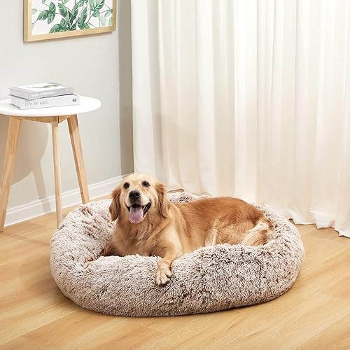 Miniatura 2 de Bedfolks Cama calmante en forma de dona, redonda y esponjosa de 36 pulgadas para perros grandes, felpa antiansiedad, lavable a máquina (marrón,