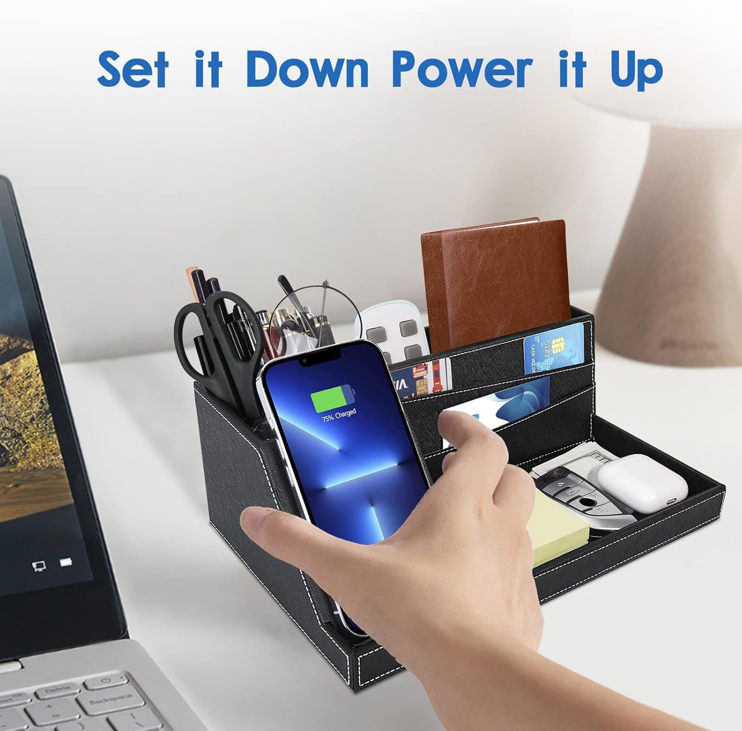 TopMade Wireless Charger Desk Nightstand Organizer, Leather Pen Holder Office Supplies Desk Accessories Fast Charging Station, Remote Control Holder, for iphone Charger Stand Gifts for Men (Black)