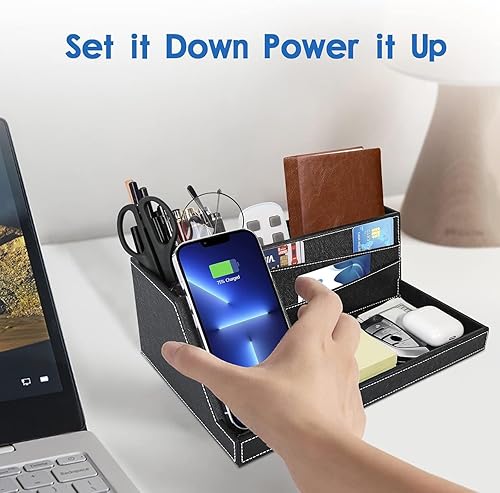 Miniatura 4 de TopMade Organizador de mesita de noche de escritorio con cargador inalámbrico, soporte de cuero para bolígrafos, accesorios de oficina, estación de