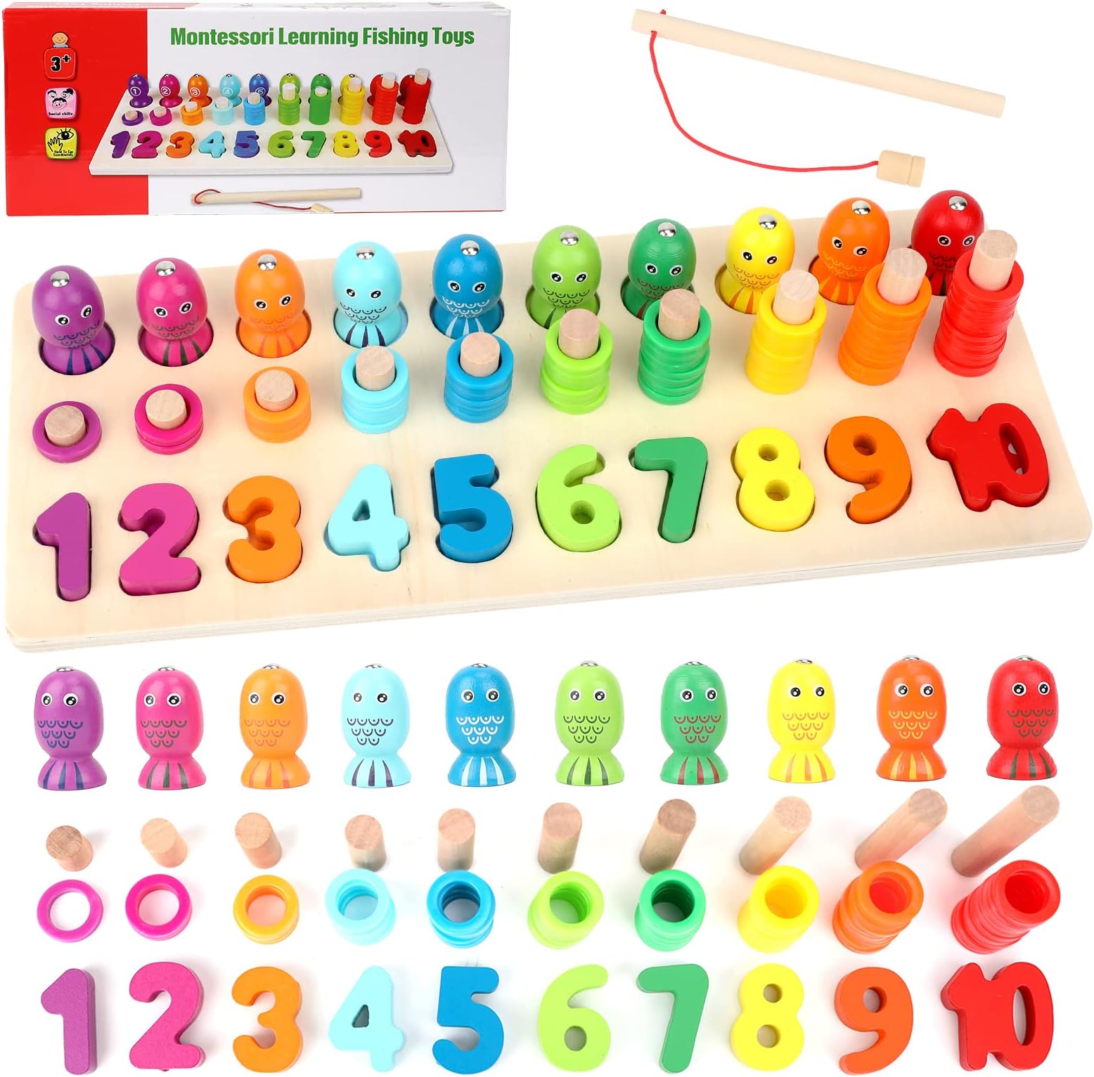 Wooden Montessori Toys for Toddler, Learning Numbers Colour Sorting Fishing Stacking Boy Girls Toys, Early Development Activity Kids Toys Christmas Birthday Gifts for 3 4 5 6 Year Old Girls Boy
