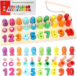 Sendida Montessori Toys Number Puzzle - Wood Math Shape Puzzle Fishing Game Color Sorting Preschool Stacking Blocks for Toddler Puzzles Toys Learning Math Number Toy for 2 3 4 5 Years Old