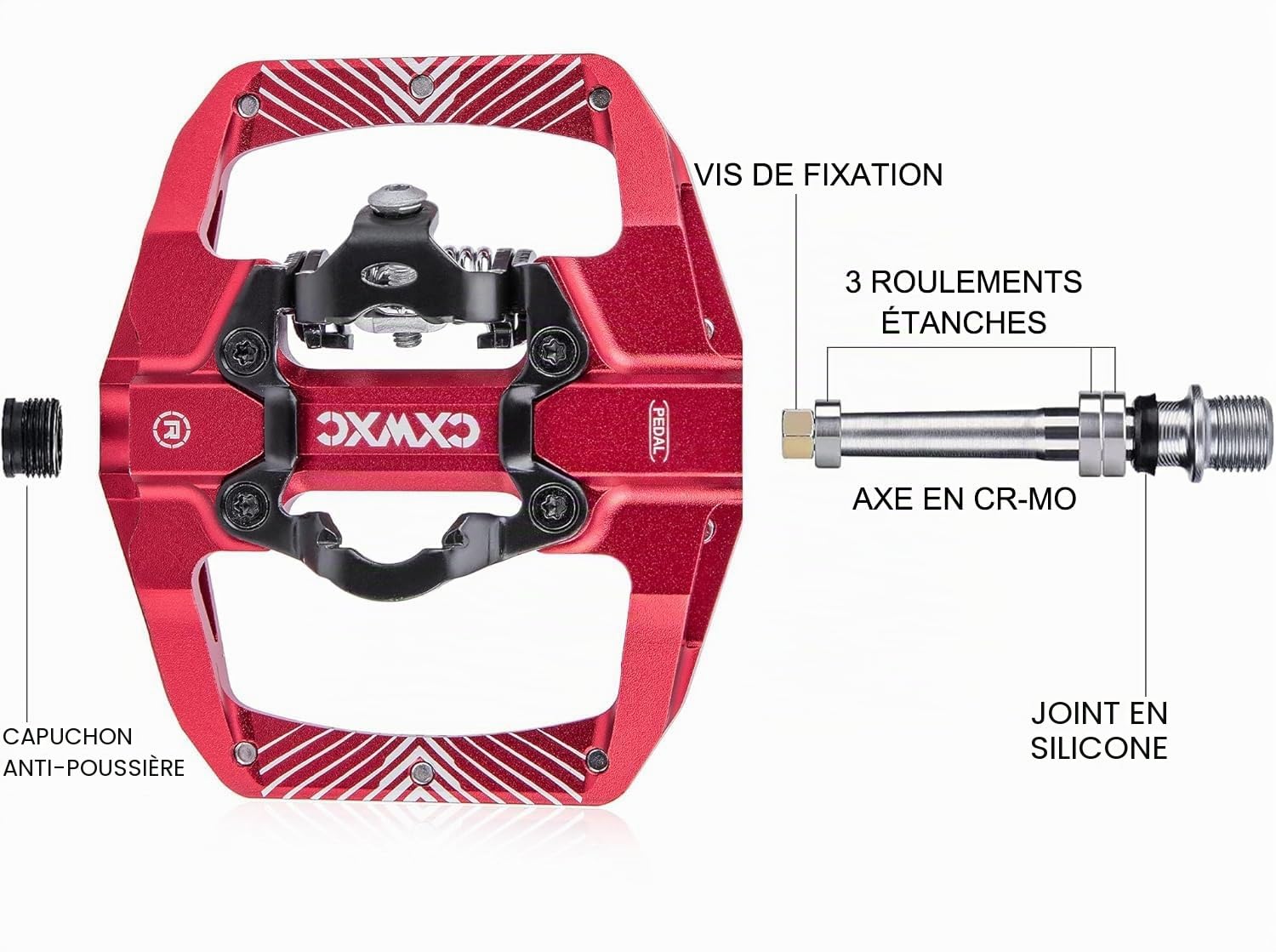 CXWXC Cliquez Pédales de vélo et Plates, avec 3 roulements étanches, en Alliage d'aluminium de 9/16 Pouces, antidérapantes, Plate-Forme Large, pédales à clic pour VTT ou vélo de Route