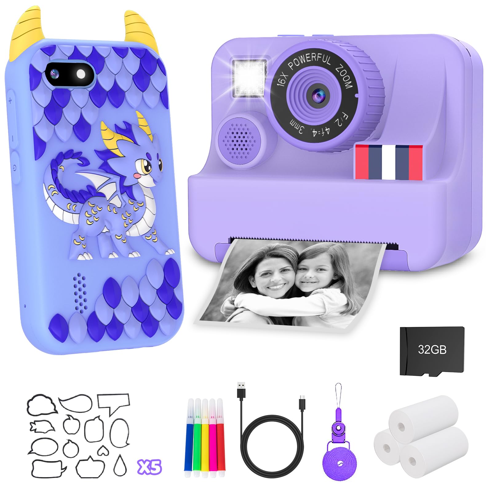 YosfengBlue Kids Phone and Purple Kids Camera Instant Print