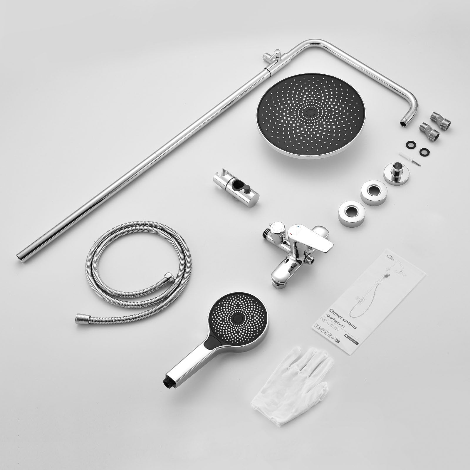 Auralum Colonna Doccia con Miscelatore Doccia Cromo, Saliscendi Doccia Altezza Massima Regolabile 1,39 m con Soffione 26x26cm e Doccetta 3 Funzioni per Bagno, Asta Doccia con Soffione e Doccetta