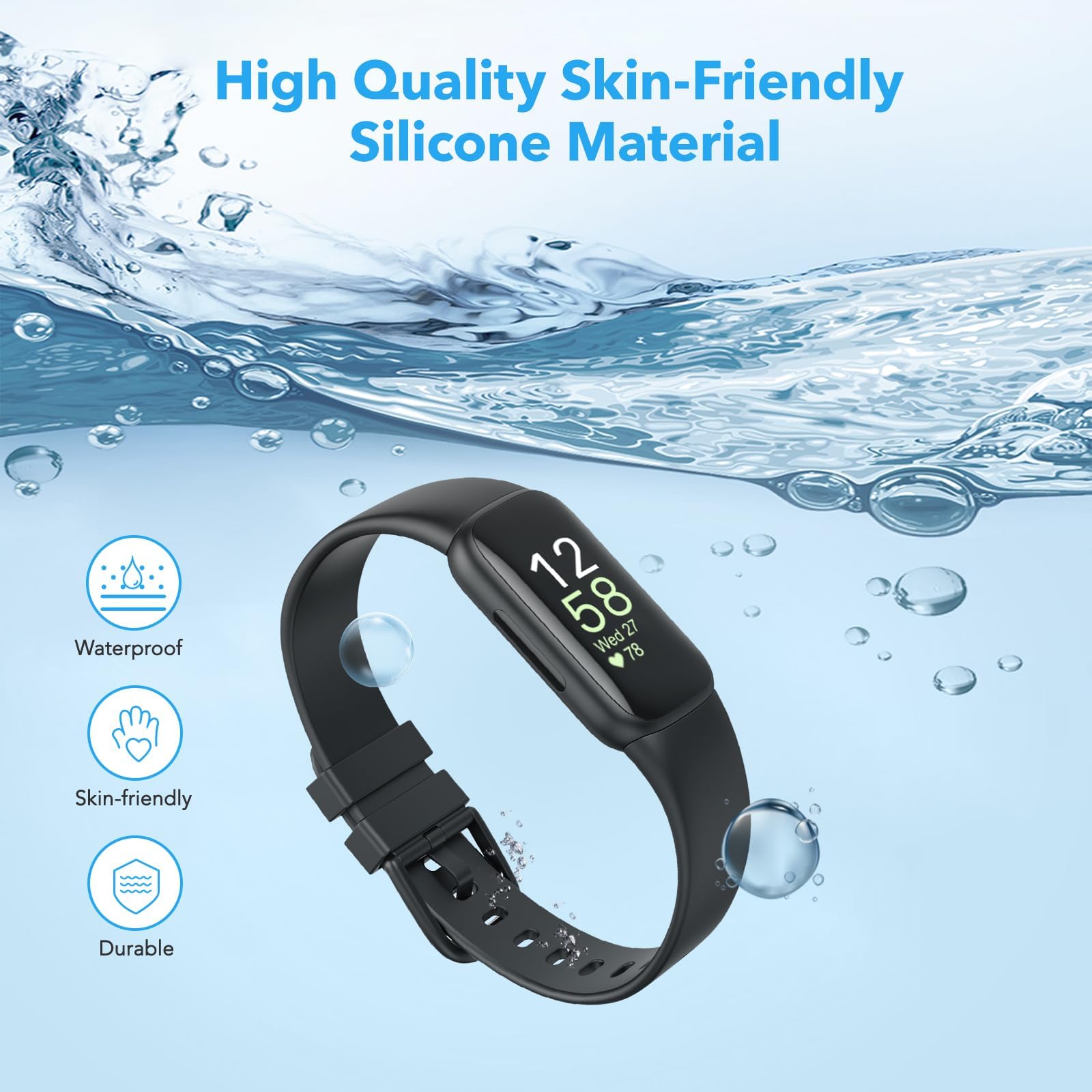 4 Pack Waterproof Bands Fit for Fitbit inspire 3 Bands for Women Men, Classic Soft Sports Replacement Wristbands for Women Men - 3