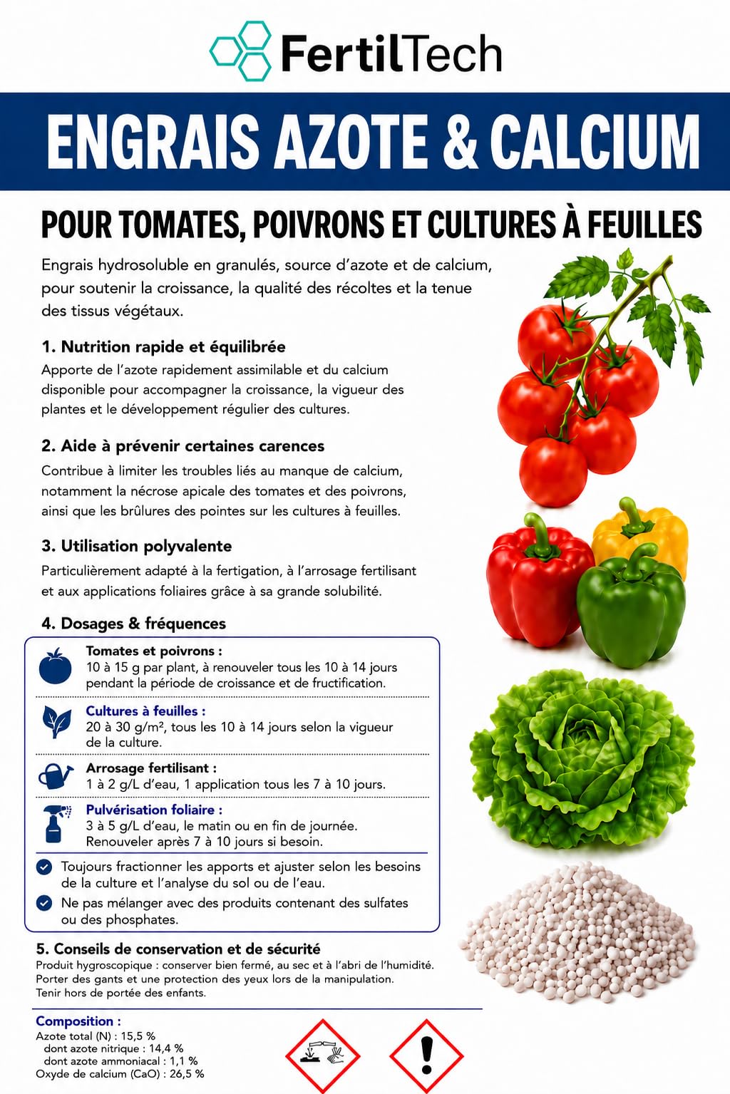Concime Azoto & Calcio 5 kg Concime Idrosolubile in Granuli per Pomodori, Peperoni, Lattuga e Colture a Foglia, Irrigazione Fertilizzante, Fertirrigazione, Apporto Calcio