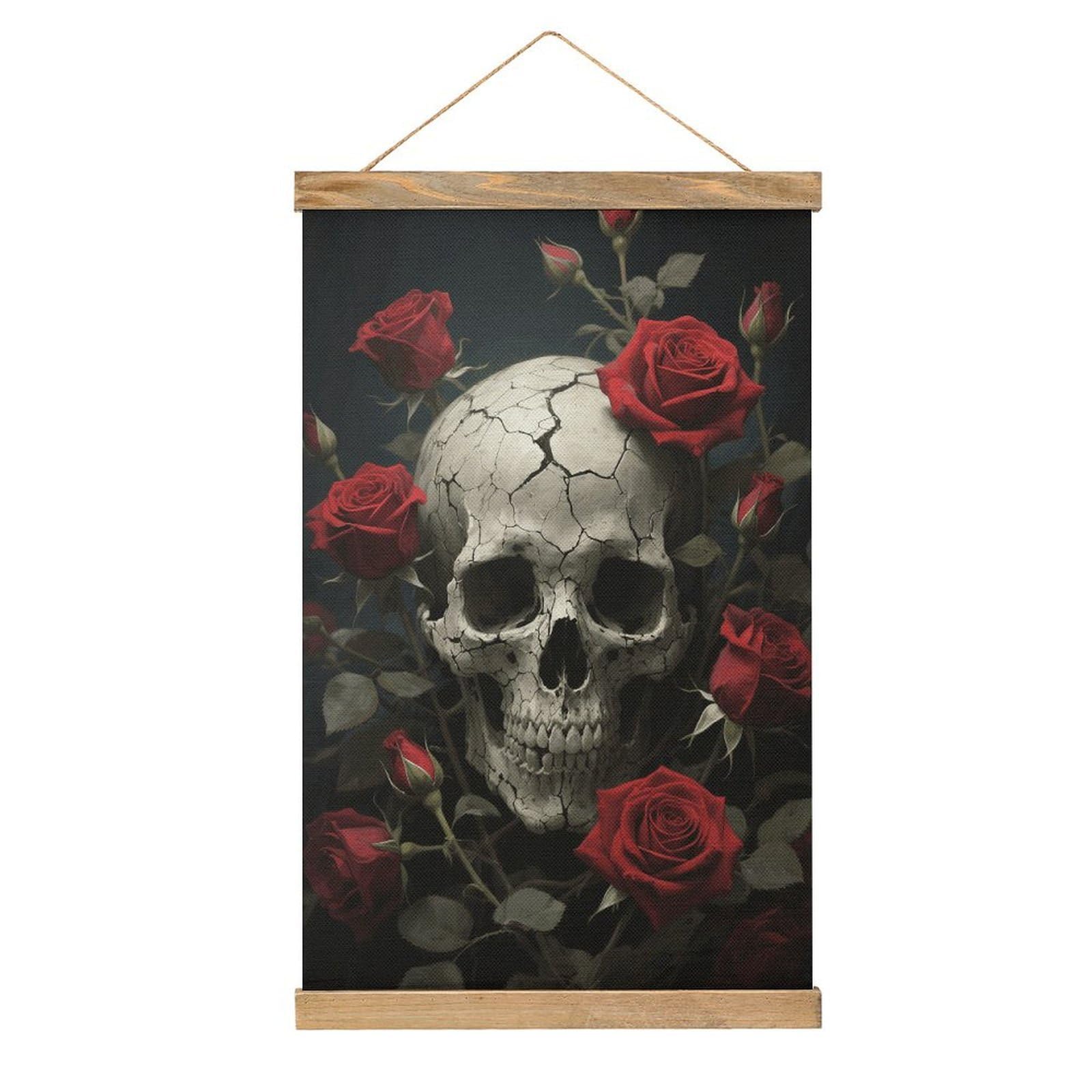 VstaDank Skull Rose Hanging Poster with Wooden Frame Modern Linen Hanging Painting Retro Style Wall Decor Art Painting for Living Room,Bedroom Decor Poster Frame 20.4x13.1inch
