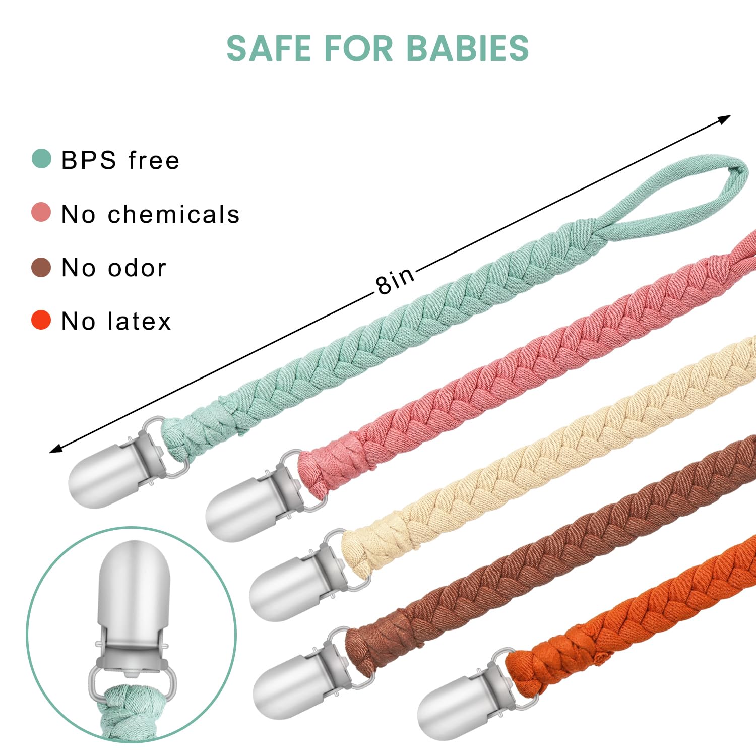 CLDY Cadena para chupete bebé para niño, clip para chupete, Set de 5 correas de algodón para chupete, aptas para niños y niñas, ideales para juguetes, cochecitos, portabebés y sillas de coche