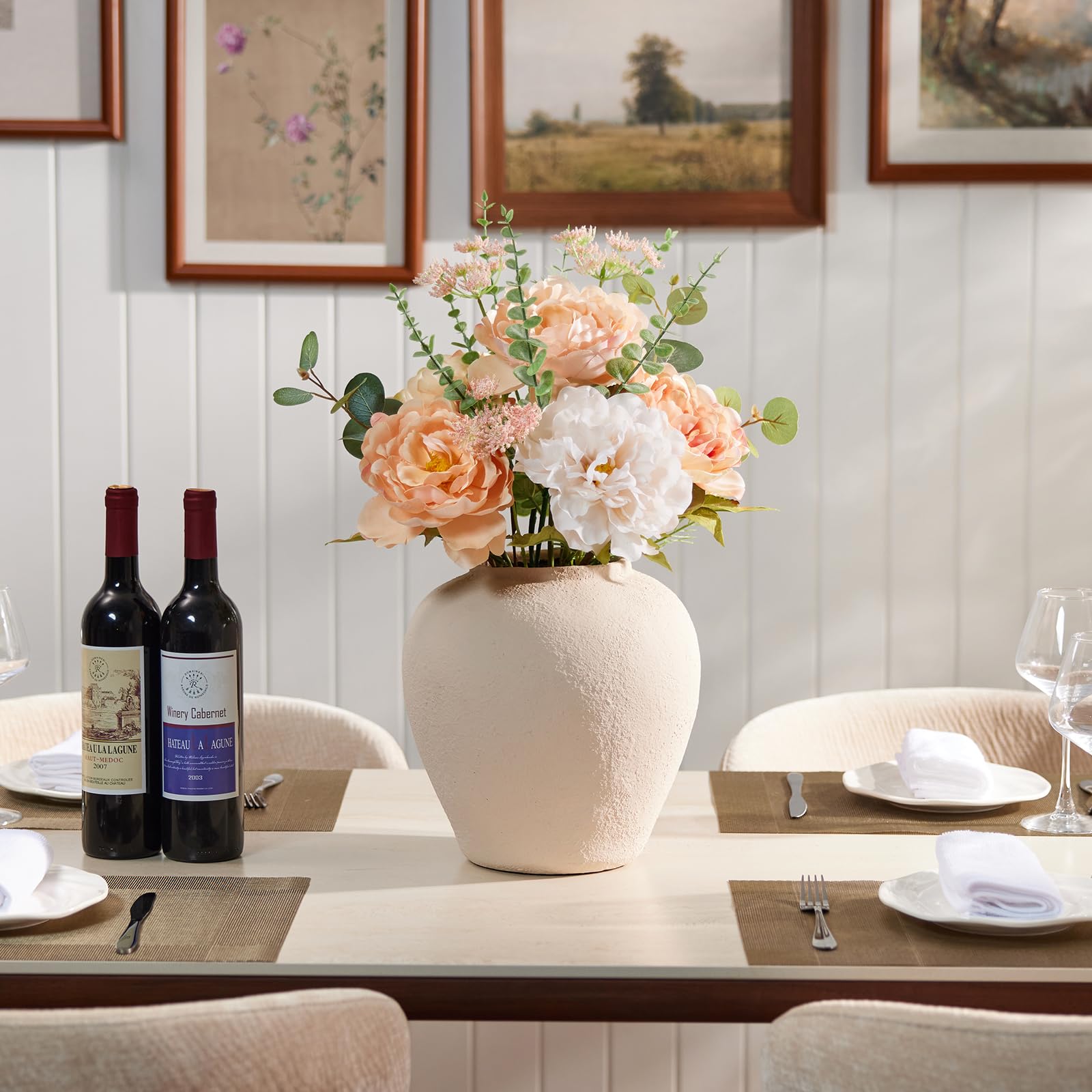 VeriNatural Künstliche Pfingstrose mit Tönerner Vase 55 cm Hellrosa Weiß | Kunstblumen wie Echt Seidenblumen künstliche Blumen für Draußen Wohnzimmer Balkon Hochzeit 1 Stück