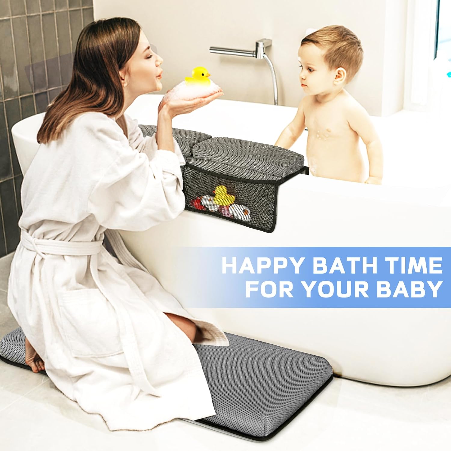 Baby Bath Kneeler and Elbow Rest Pad Set - Kneeler and Elbow Support with Memory Foam and Bath Toys Organizer