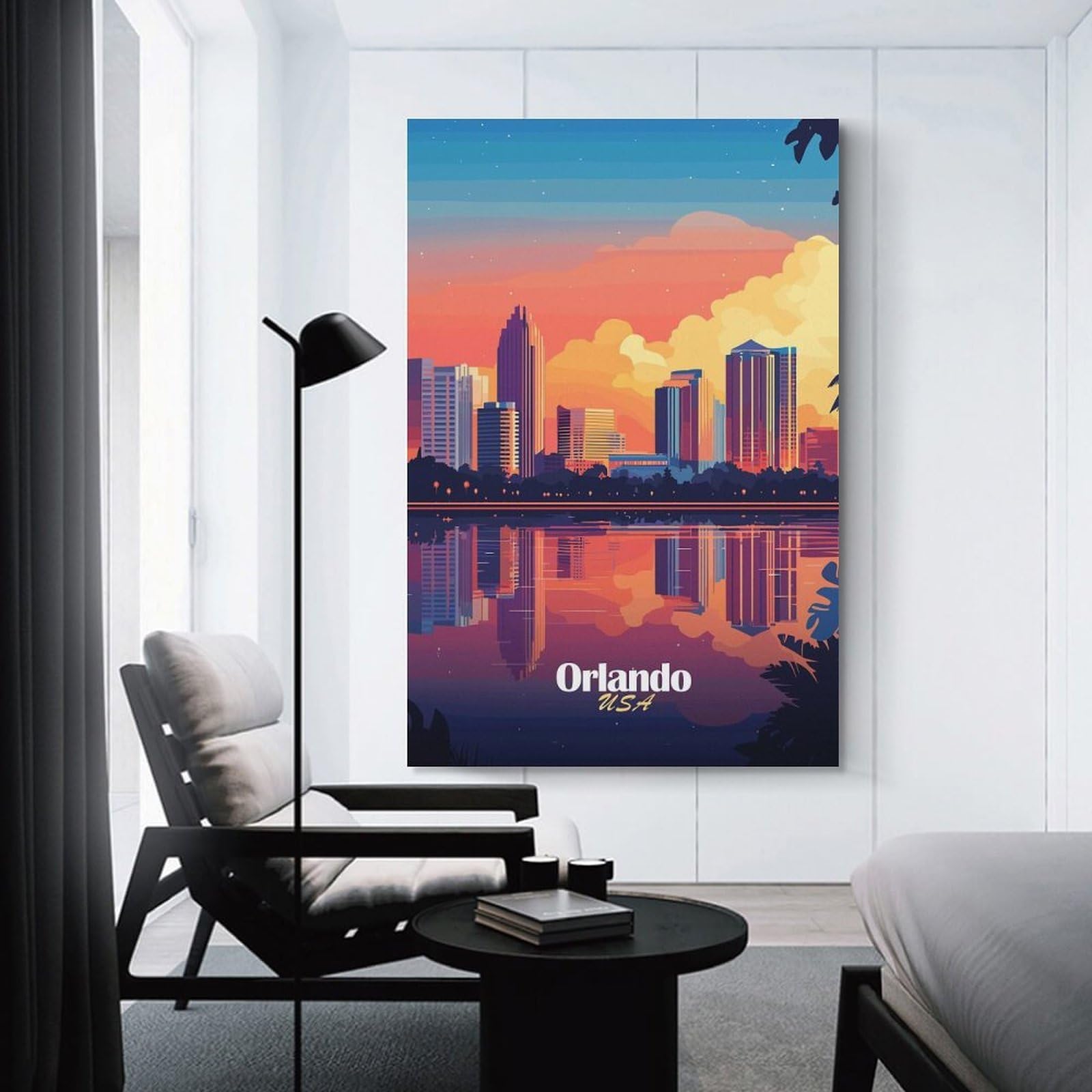 Junmoney Orlando Skyline Sunset Decorative Wall Artwork 12x18inch(30x45cm), for Living Room, Bedroom, Office Or Hallway, Decorative Artwork with Broad Appeal