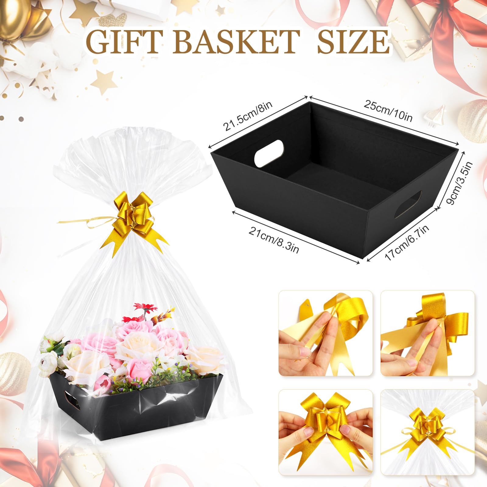 AFOROEOA 10PACK Baskets For Gifts Empty, 10 x 8” Thick Black Gift Basket with 10 Clear Gift Bags and 10 Pull Bows, Empty Gift Baskets for Christmas, Thanksgiving Wedding Birthday Party Wrapping Gift