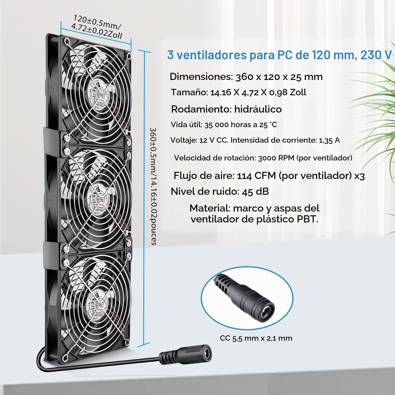 GDSTIME Ventilador de 360 mm para Carcasa - Ventilador de 230 V - 3 x Ventiladores de 120 mm para PC - Ventilador de 230 V de 120 mm - Ventilador de 220 V con Velocidad Regulable DC 4 V -12 V para