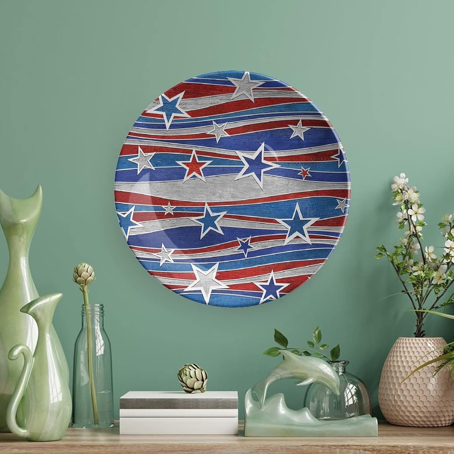 XISUNYA 8 Inch Decorative Plate, Rustic Dinner Plate, Abstract Design Patriotic American Flag USA National Icon Print Ceramic Wall Hanging for Home Office Party Dinner Table Decor, Red Blue and White