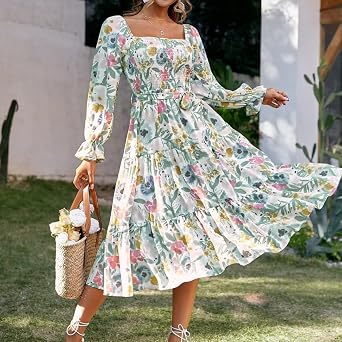 Women Square Neck Floral Dress Long Sleeve Boho Wedding Guest Dresses