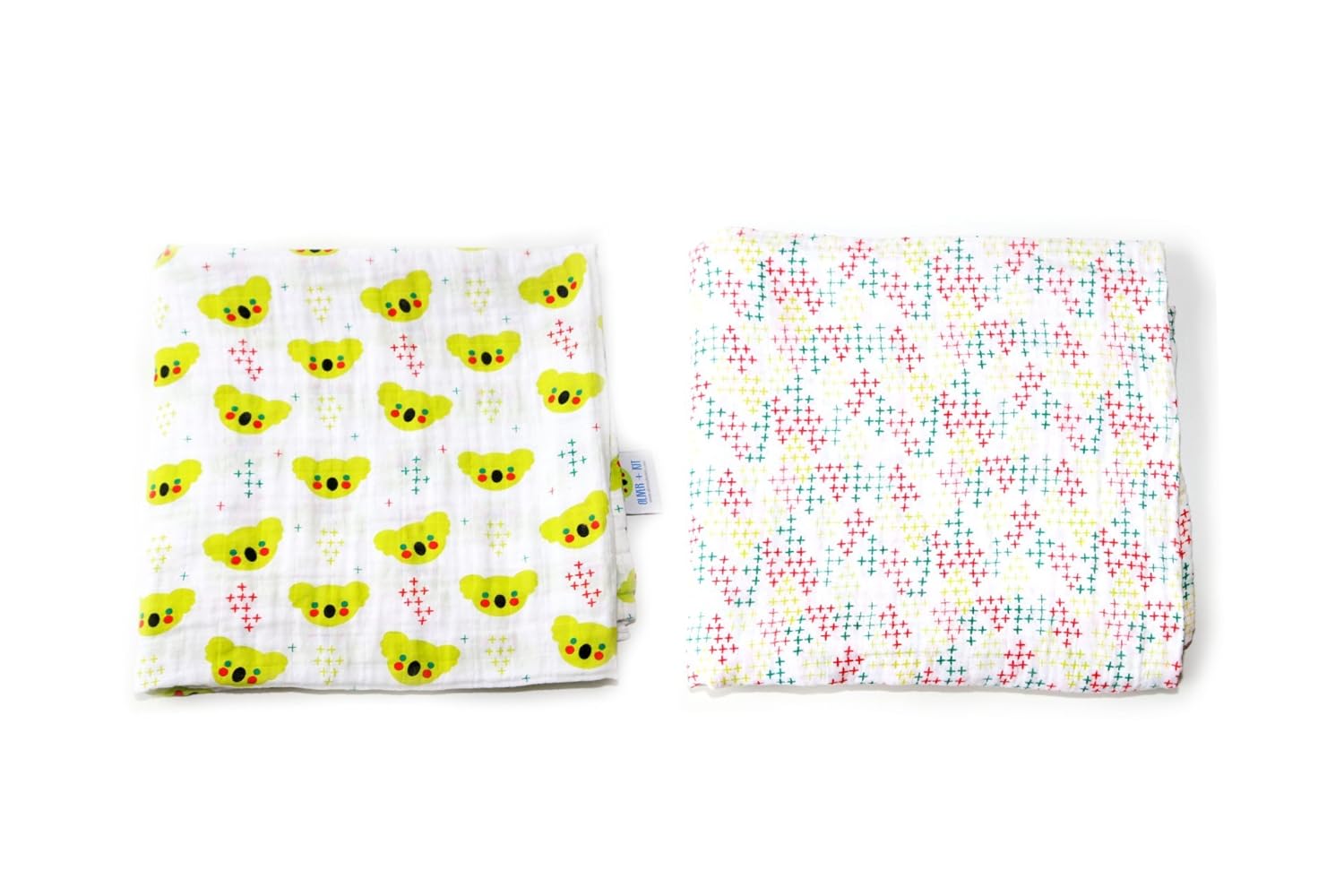 | 100% Cotton Muslin Swaddle Blanket Duo | Large Size 47" x 47" | Extra Soft | Premium 2- Pack | Limited Edition (Signature | Green Koalas + Green, Red, Blue Pluses)