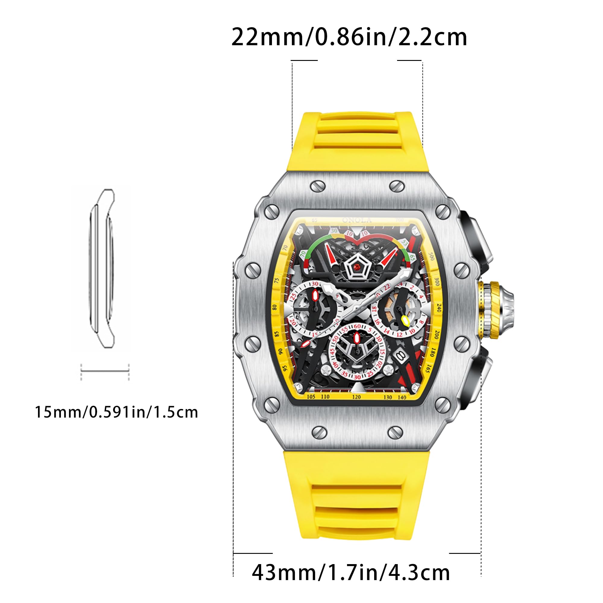 FANMIS Tonneau Orologio da uomo alla moda con quadrante scheletrato, quadrante grande, resistente all'acqua fino a 30 m, cronografo, orologio casual con cinturino in silicone, multifunzione, orologio