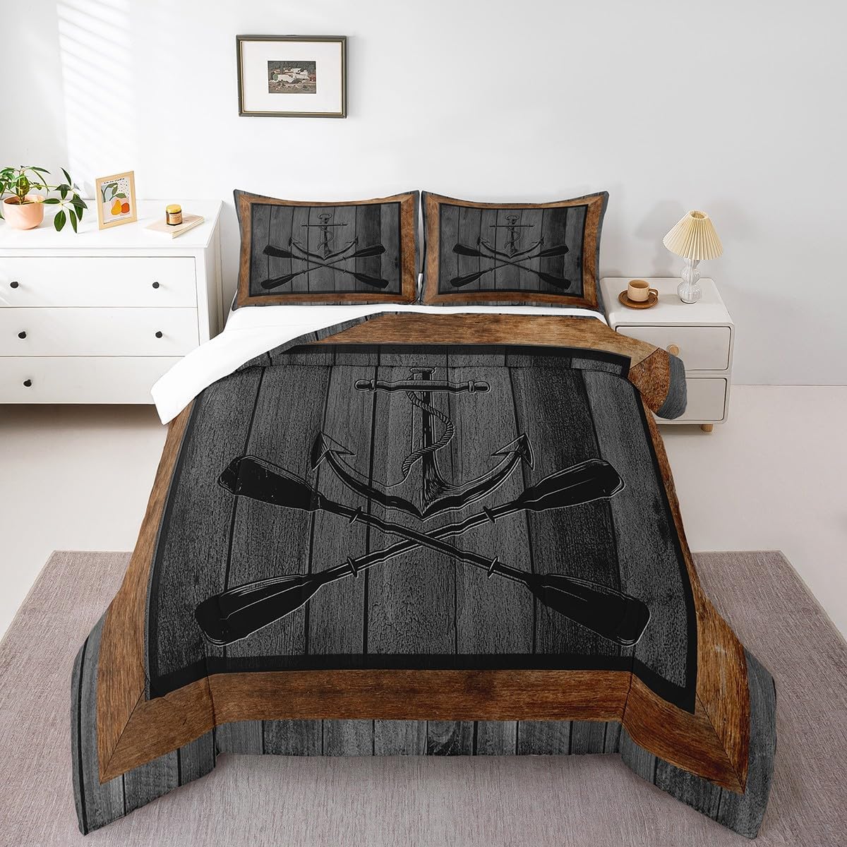 Castle Fairy Lake House Comforter Set Queen Size,Nautical Anchor Paddle Boating Themed Bedding Set for Women Adult,Retro Grey Brown Wooden Board Grid Luxury Bed Duvet Insert, 2 Pillowcases