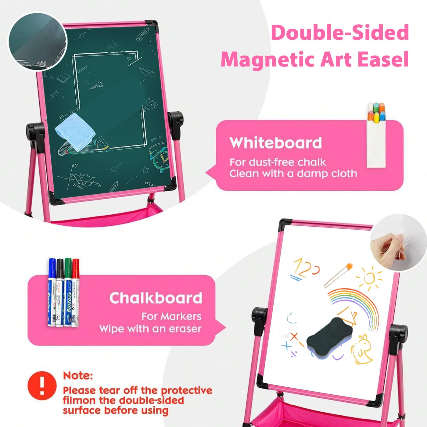 Dawnwake Easel Board for Kids, Kids Iron Art Easel – Double-Sided, Height Adjustable (29.6"-44"), 360° Rotating Whiteboard & Chalkboard, for Ages 2+ (Pink) 2