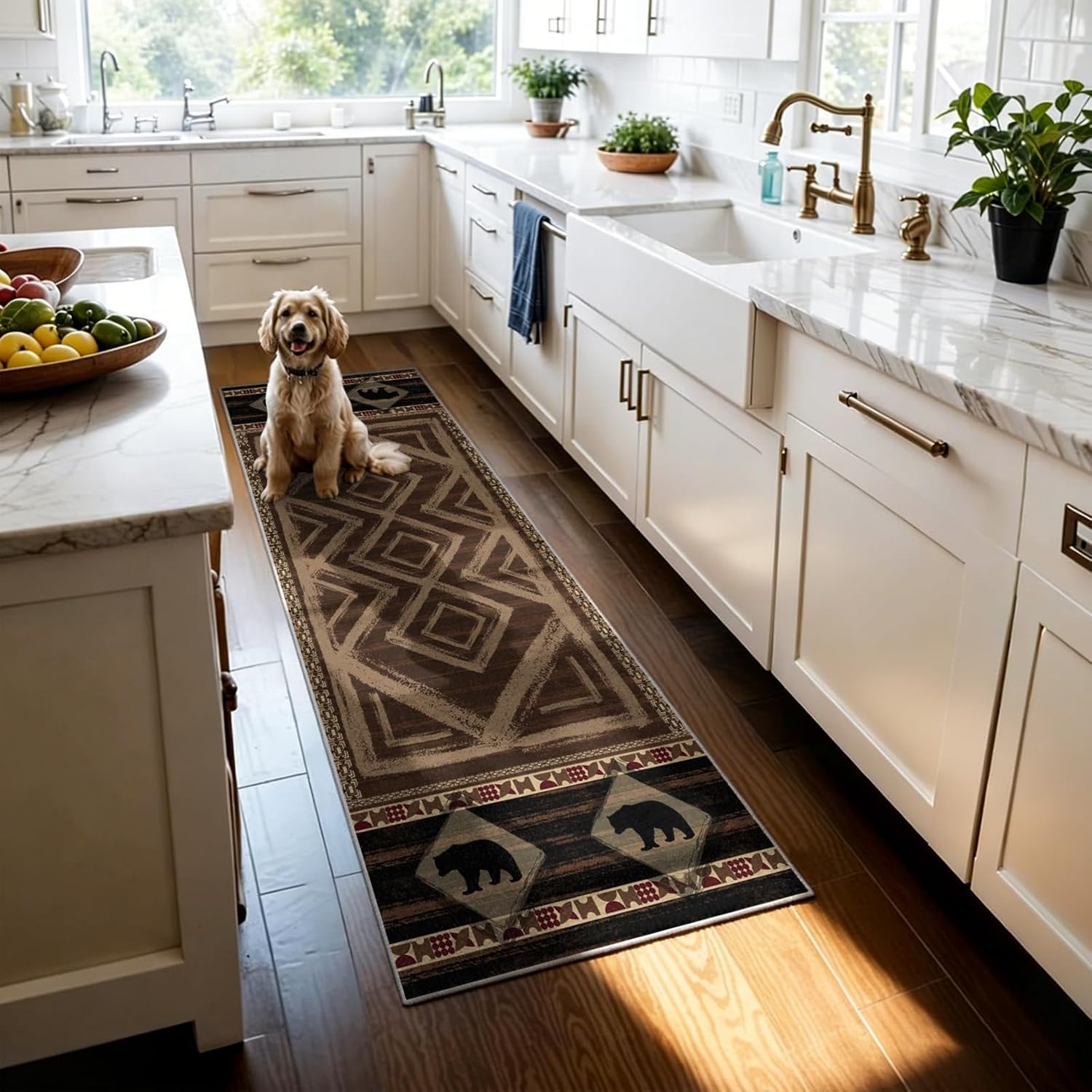 Native Americans Hallway Runner Rug 3.3x7 Bear Rustic Cabin Non-Slip Long Rug for Bedroom Kitchen Hall Laundry Western Bathroom Rugs Waterproof Easy to Clean