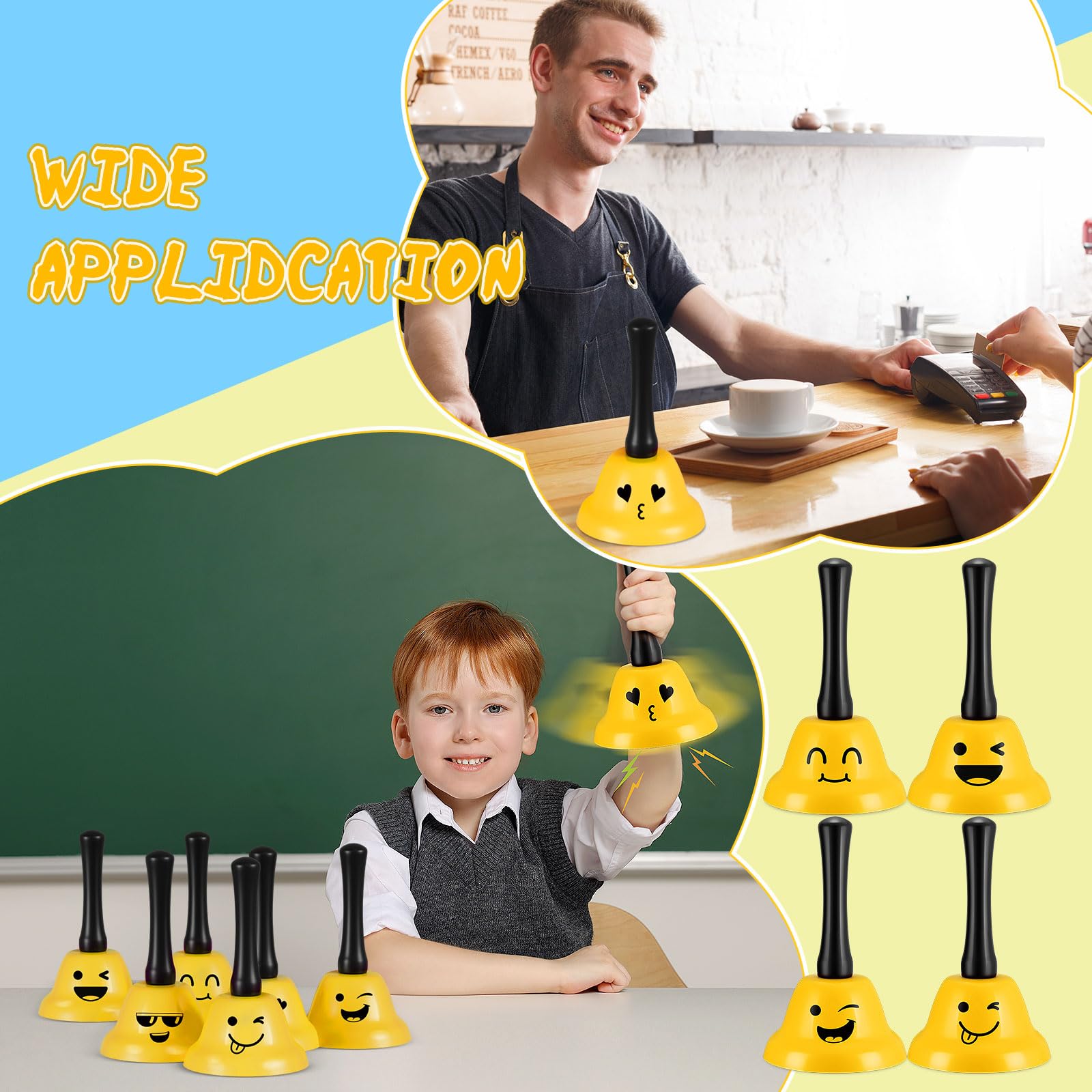 Morningro 6 campanas de cena de servicio de llamadas para escritorio, aula, metal sonriente, diámetro antioxidante, para hotel, restaurante, oficina, escuela, cocina, bar (amarillo)