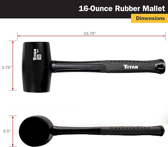 Titan 63217 16oz Rubber Mallet, Non-marking Double-faced Solid Head, 13 Shock Absorbing Fiberglass Handle with Textured Grip