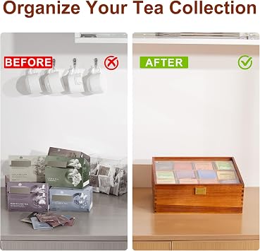 HouseJoy Wood Tea Bag Organizer with Clear Glass Lid,12 Compartments
