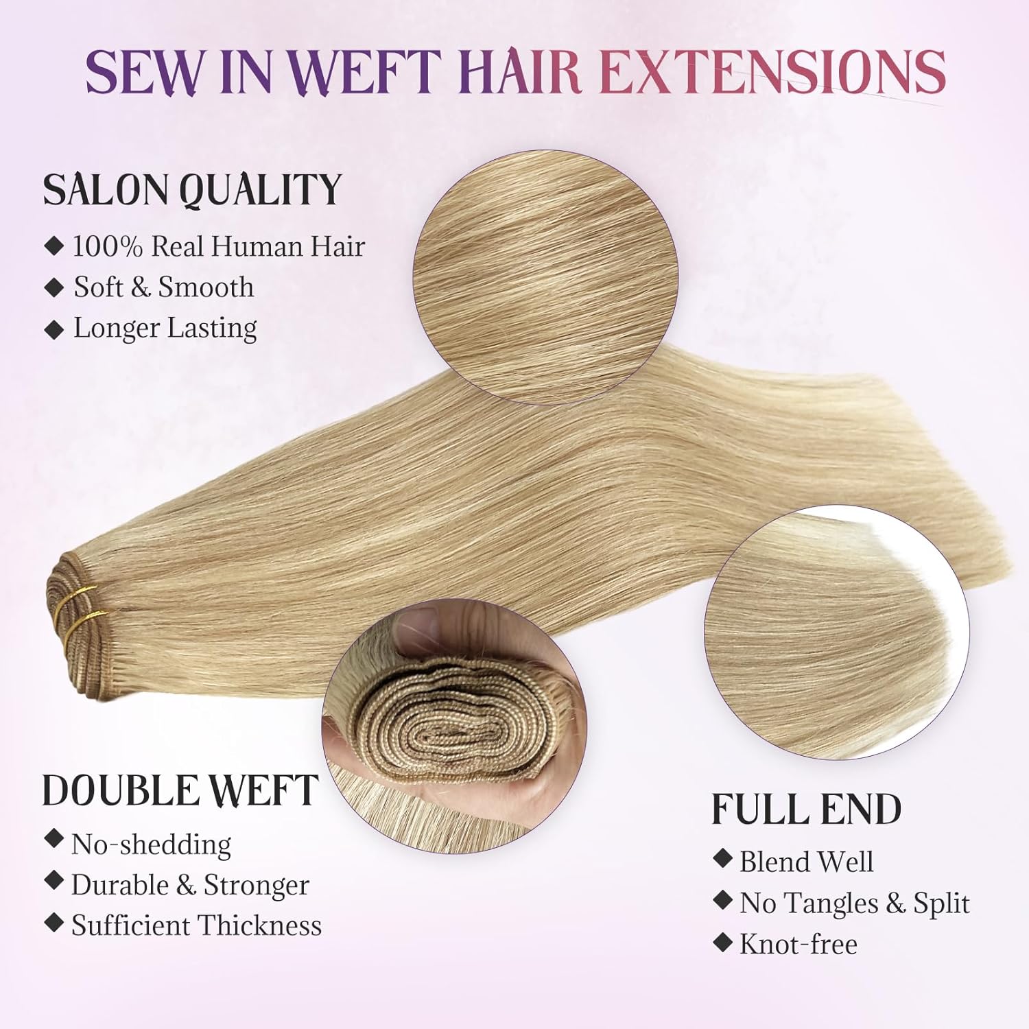 Sew in Hair Extensions 24 Inch 120g Human Hair #16 Light Blonde with #22 Golden Blonde Highlight Weft Hair Extensions Hand Tied Sew in Balayage Double Weft Human Hair Extension Long Straight Hair