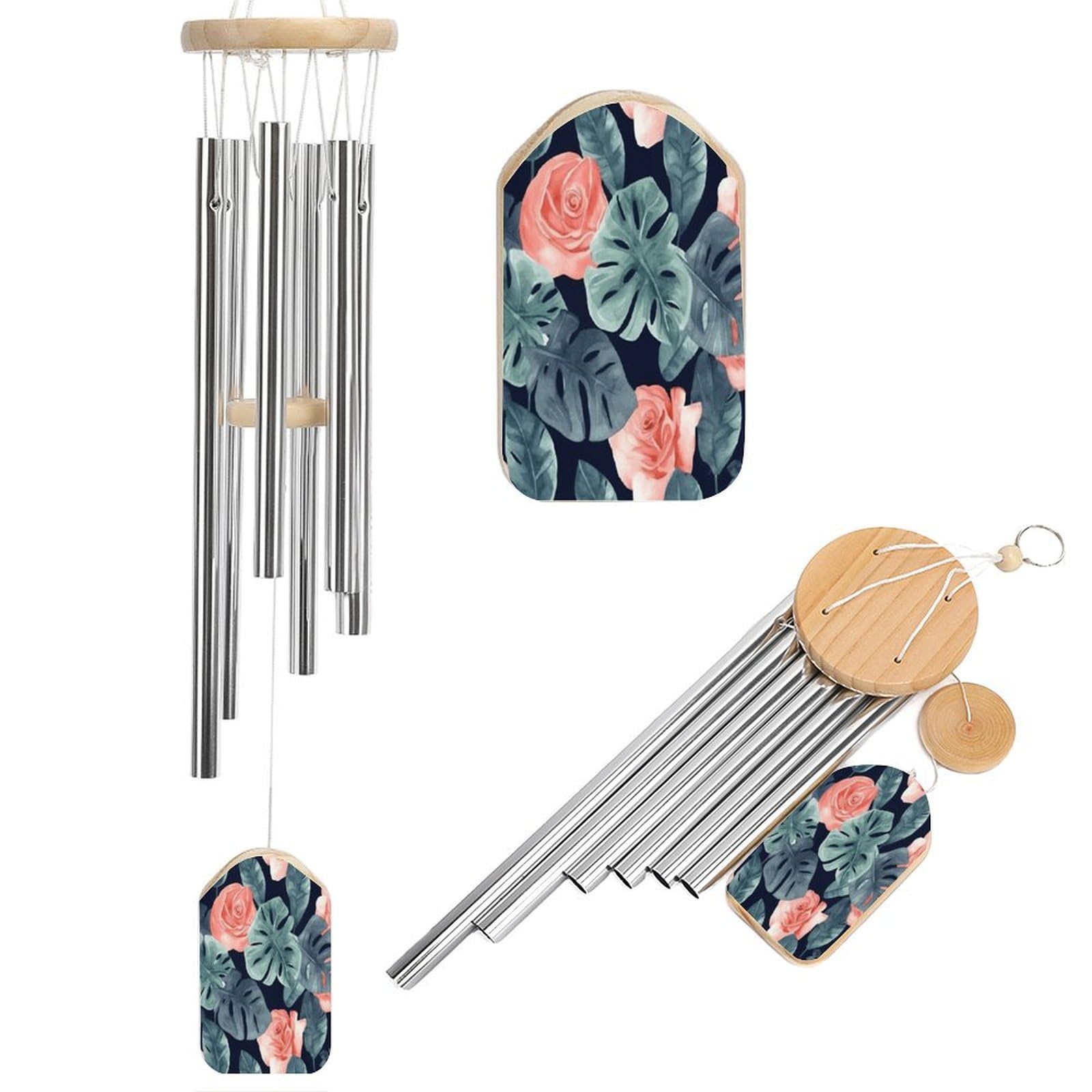 Outdoor Wind Chimes, Watercolor Monstera Pattern Printed Wind Chimes,Simple Wind Chimes,Curtain Wind Chimes for Home Decoration