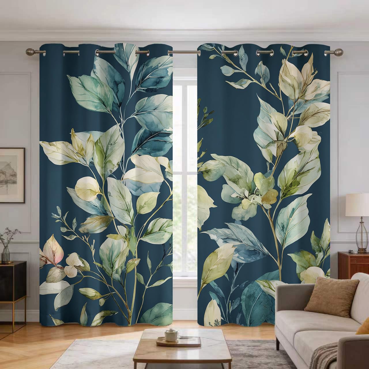 Rideaux motif bleu vert feuille occultant de salon et chambre lot de 2 oeillets