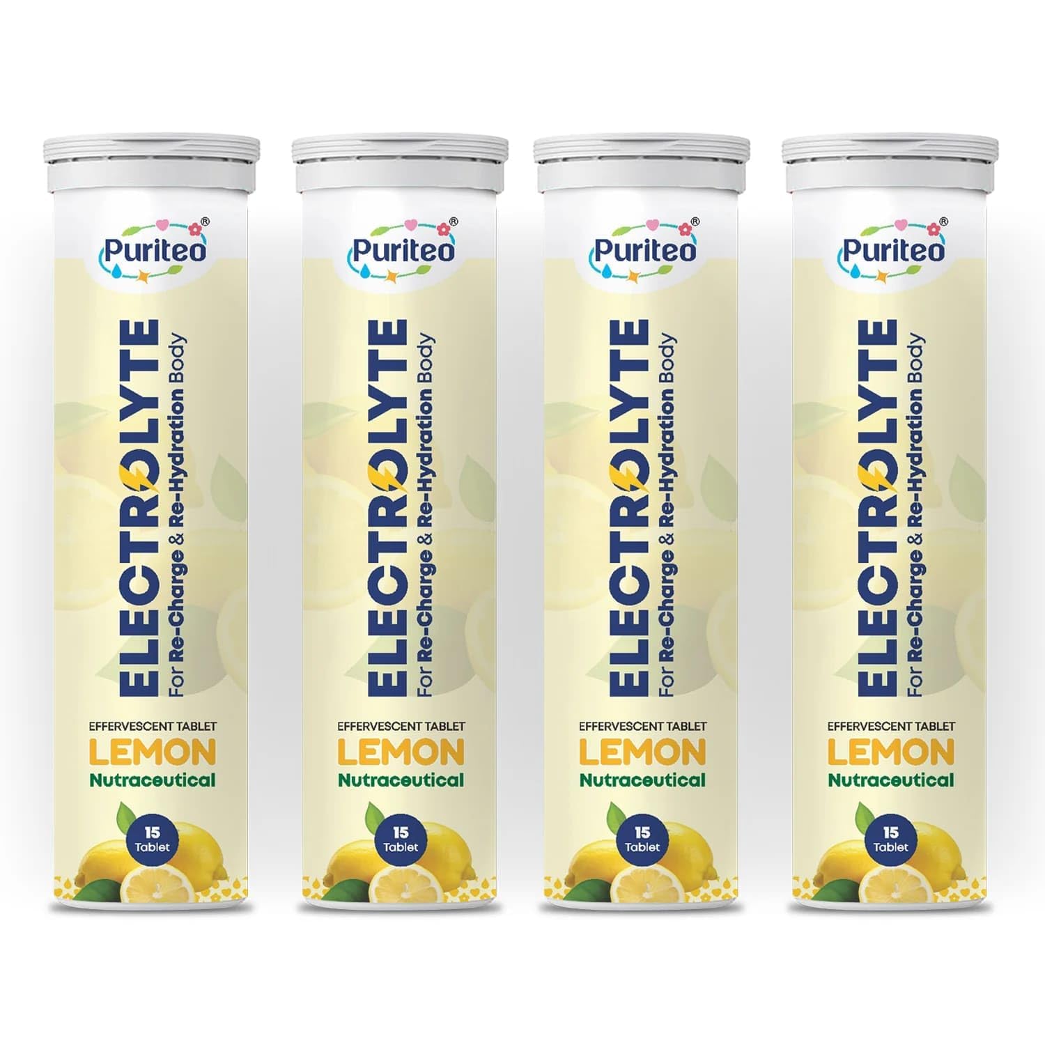 Puriteo Electrolyte Effervescent Tablets Lemon Flavour | Zero Added Sugar | 5 Essential Electrolytes for Hydration & Energy | Fast Dissolving Drink | 15 Tablets Each Pack of 4-image-32