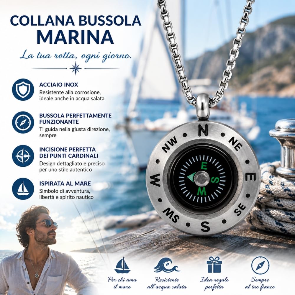 Collana Uomo con Bussola Marina Nera in Acciaio Inox – Gioiello Nautico Elegante, Regalo per Amanti del Mare e della Navigazione