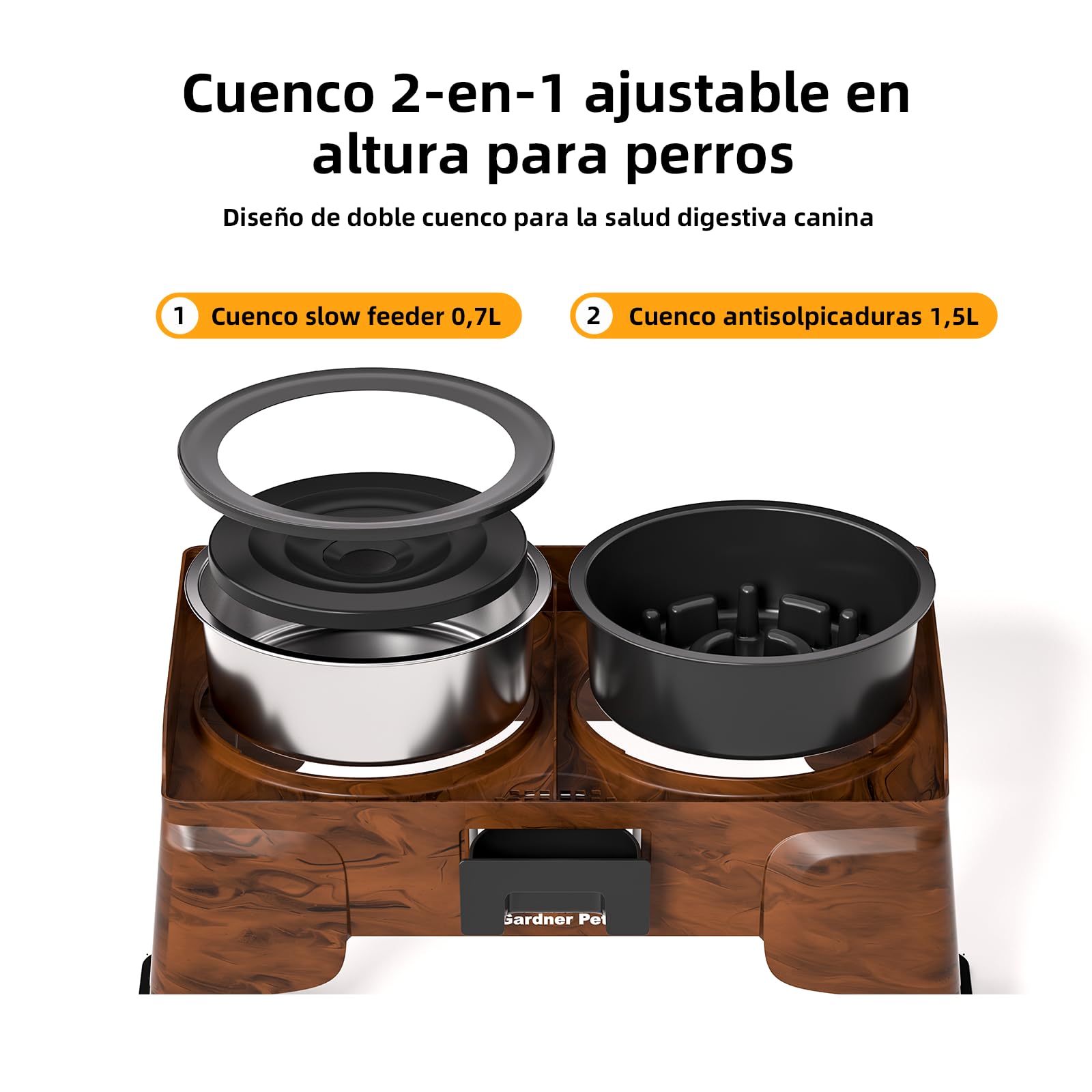 Gardner Pet Comedero Elevado para Perro con 5 Alturas Ajustables, Comedero de Acero Inoxidable Antivuelco y Antiglotón con 2 Boles de 1.6L, Ideal para Perros Medianos y Grandes