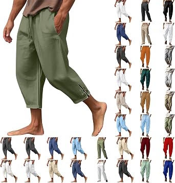 RTTUIOP Mens Cotton Linen Pants Solid Color Harem Pants Casual Capri Pants/Trousers Lightweight Loose Beach Summer Pant