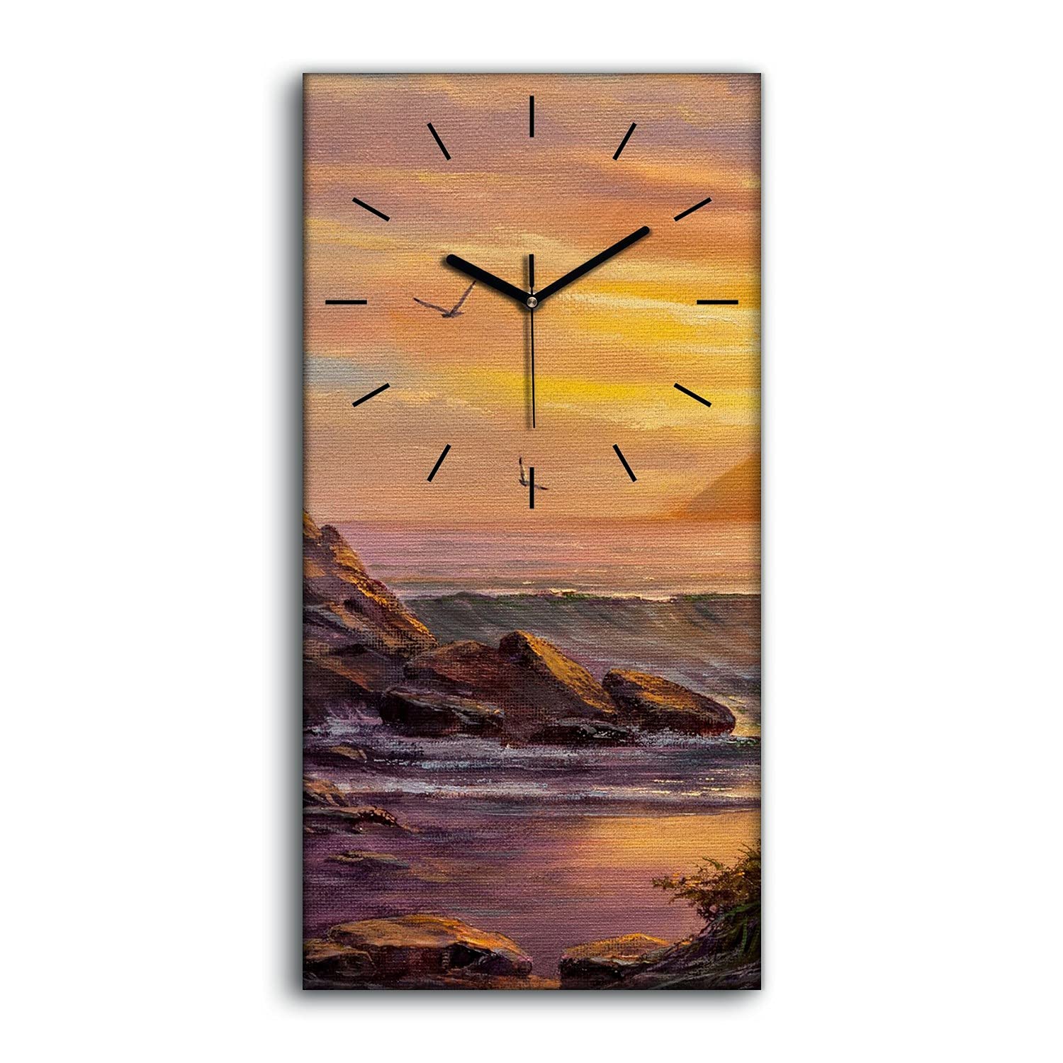 Horloge sur toile 30x60cm de salon sans tic-tac motif mer et coucher de soleil