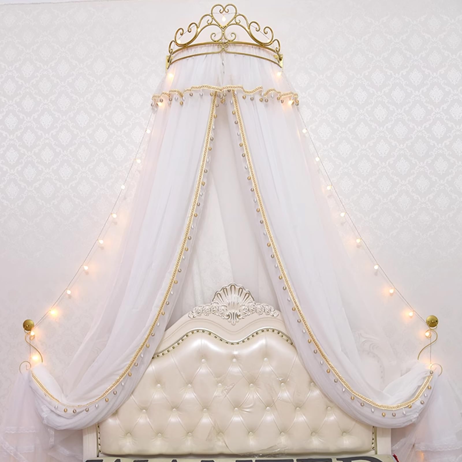GJMSSMY Princess Bed Canopy Curtains Lace Metal Crown Bed Tent From Ceiling, Hanging Mosquito Net Canopy for King Size Beds, Palace Dome Canopy for Bedroom