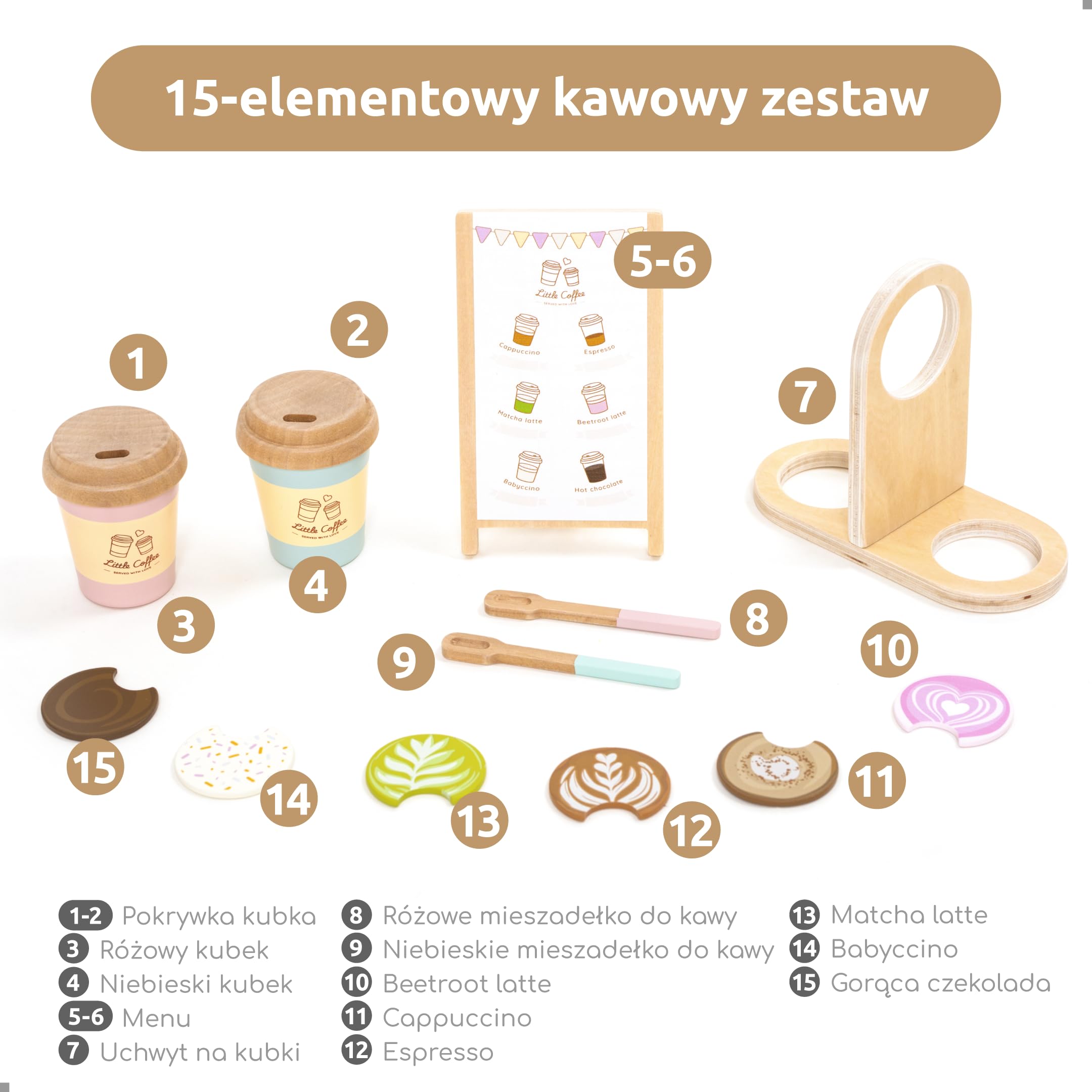 UMU® Coffee to Go zestaw do zabawy dla dzieci z drewna – akcesoria kuchenne dla dzieci w zestawie z tablicą sprzedażową, serwis do kawy do odgrywania ról, 15-częściowy zestaw drewnianych zabawek dla