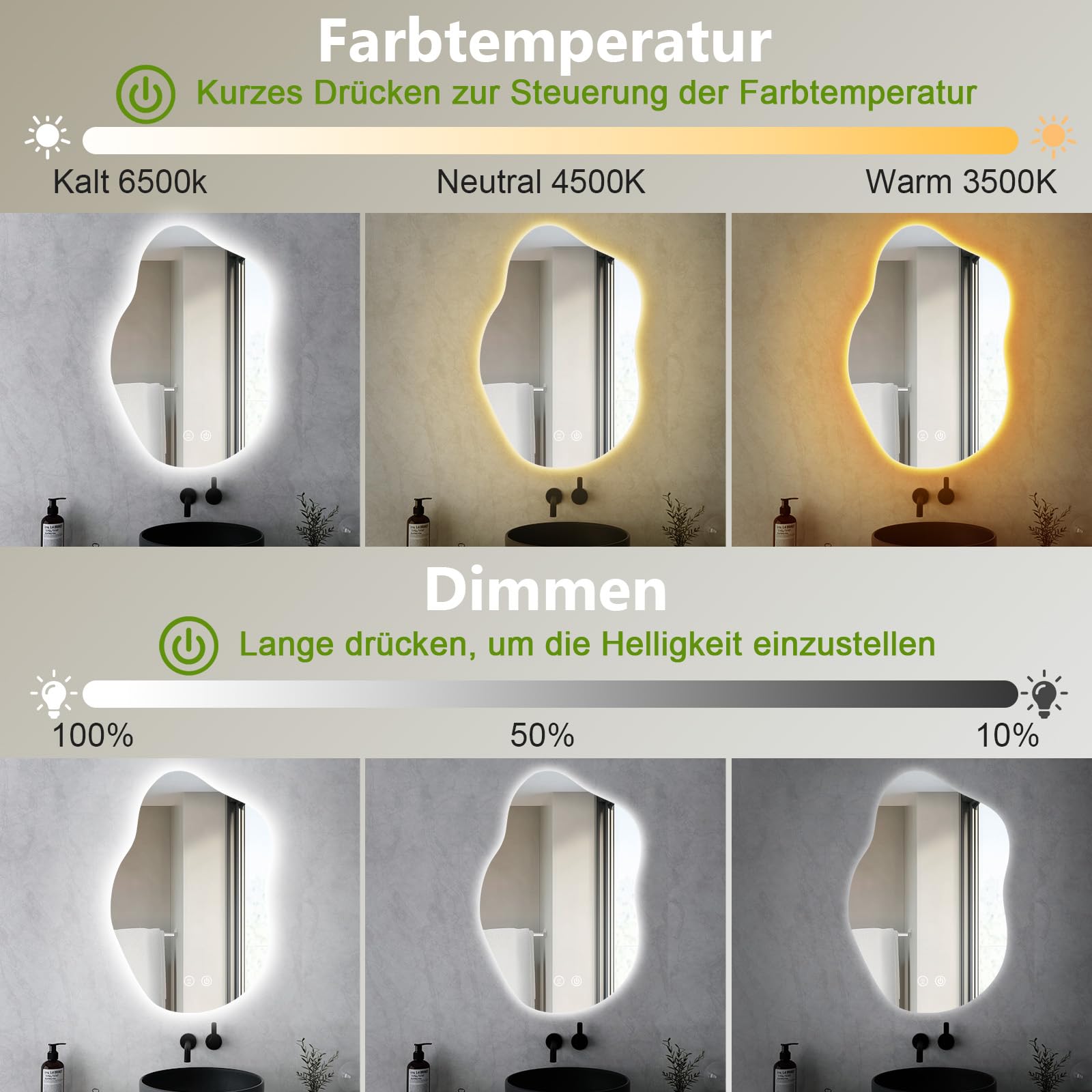 ColdShine LED Badspiegel Asymmetrisch mit Beleuchtung Wandspiegel 80 * 55cm | 3 Lichtfarben, Dimmbar, Anti-Beschlag, Moderner Silber fürs Badezimmer mit Touch-Sensor