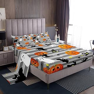 Manfei Halloween Sheet Set Queen Size, Ghosts Pumpkin Lantern Bat Spider Bedding Set for Kids Boys Room Decor, Grey Stripe Bed Sheet Set 4pcs with Deep Pocket Fitted Sheet + Flat Sheet + 2 Pillowcases