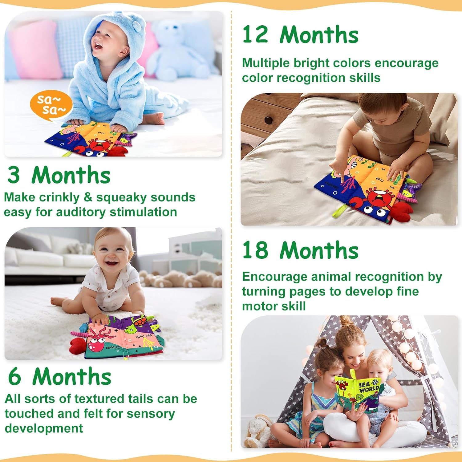 BeFunky Baby Fabric Book, Soft 3D Picture and Crinkle Book for 0-12 Months, Sensory Montessori Learning Toy for Boys and Girls (Sea World), Multicolor - Image 4 thumbnail